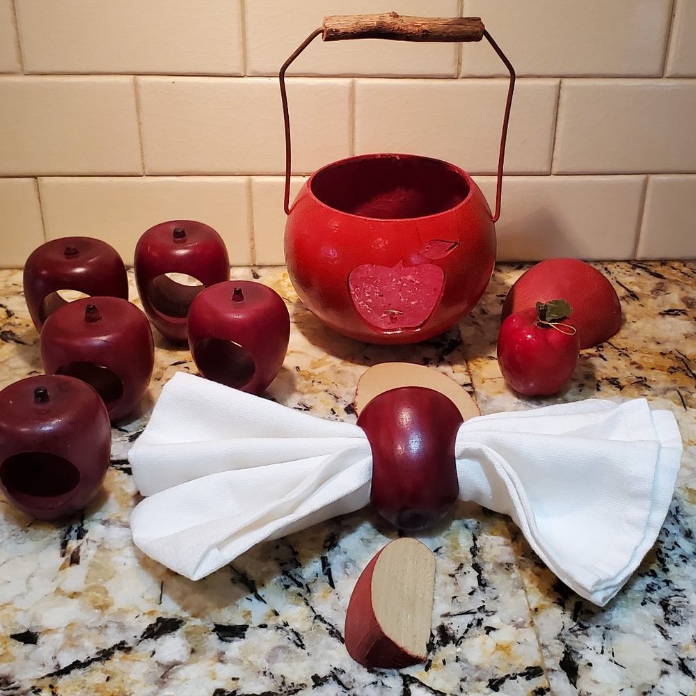 APPLES! 6 Apple Napkin Rings + Rustic Candle Holder + Wood Apples + Ornament